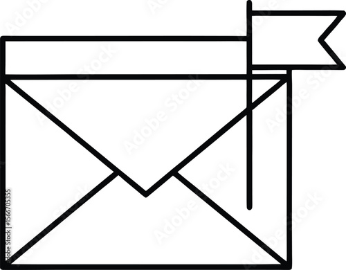 Bold black line art icon of an envelope with a flag mail communication