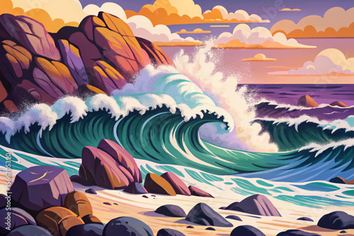 ocean vector showing powerful waves crashing against a rocky shoreline. Ideal for dramatic seascape illustrations, coastal wall art, or marine themed design