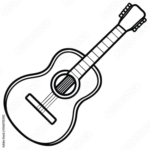 Black and white line art illustration of an acoustic guitar musical instrument string instrument