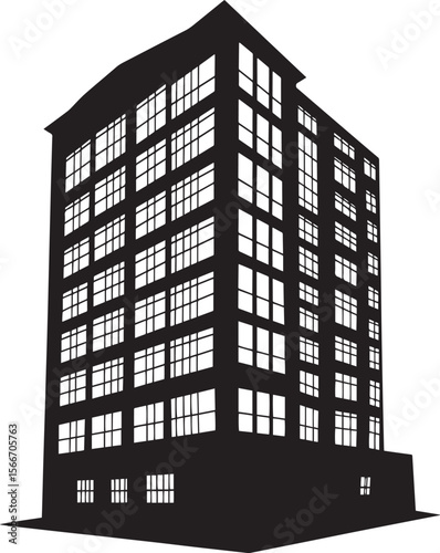 Urban Building Silhouette A black vector illustration showcasing the outline of a building in a simplified silhouette style.