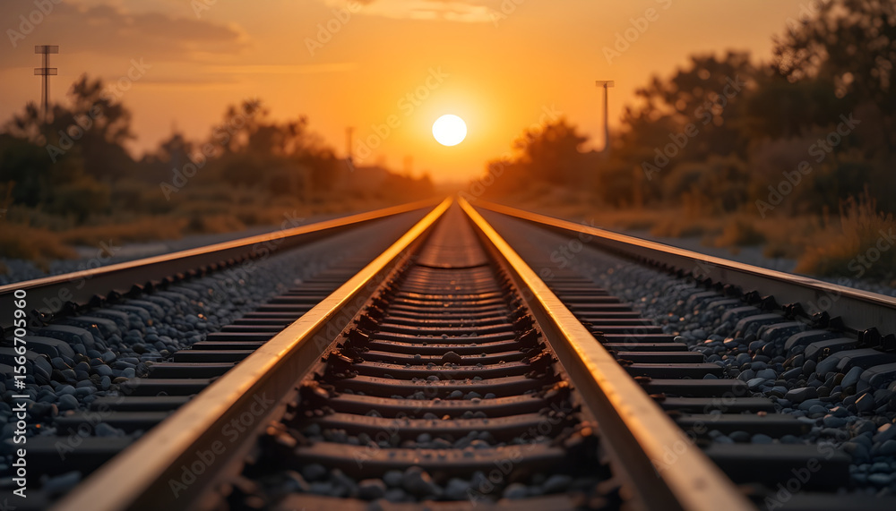 Fototapeta premium Golden Sunset Over Parallel Railway Tracks – Symmetrical Perspective Landscape Photo