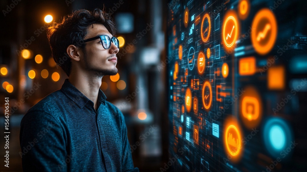 Naklejka premium young man analyzing digital data on futuristic interface in a modern tech environment