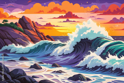 ocean vector showing powerful waves crashing against a rocky shoreline. Ideal for dramatic seascape illustrations, coastal wall art, or marine themed design