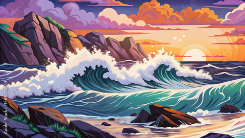ocean vector showing powerful waves crashing against a rocky shoreline. Ideal for dramatic seascape illustrations, coastal wall art, or marine themed design