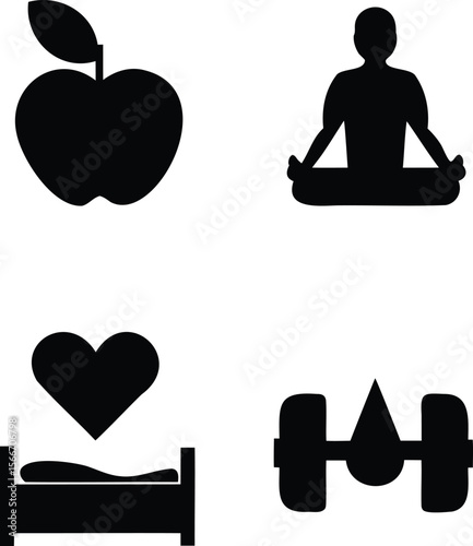 Silhouette set of healthy living icons including apple, yoga, bed, and weights