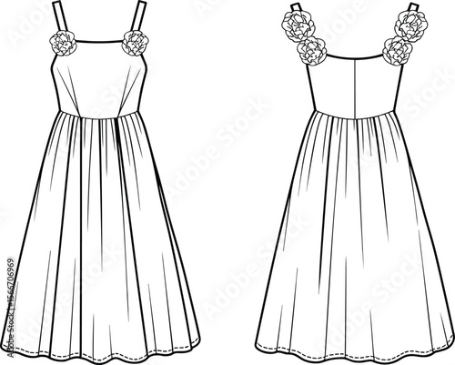 Floral strap midi dress, gathered waist, front and back fashion flat sketch, women’s summer dress template, vector technical drawing, elegant feminine style