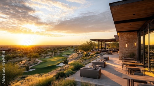 Modern Desert Oasis at Sunset: Expansive Golf Course Views