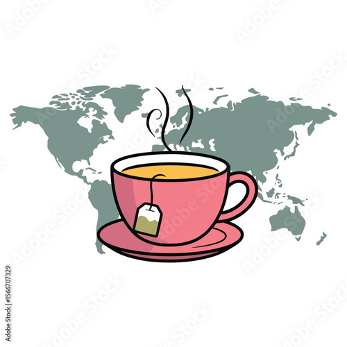 Global Tea Culture Vector – Pink Teacup with Steam and Tea Bag over World Map Illustration