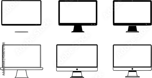 Set of laptop vector icons on differents style. Notebook screen. Monitor icon for graphic design projects. Vector illustration. Computer monitor display with blank screen isolated on white background