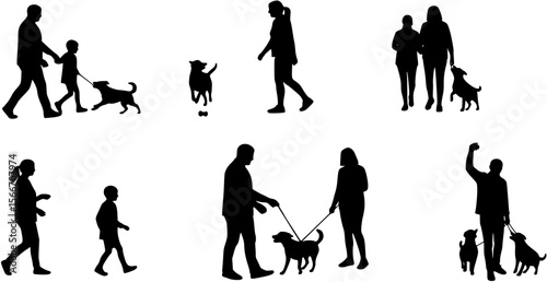 Silhouettes set of family walking and playing with dog vector illustration.
