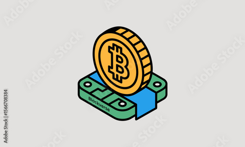 Bitcoin Rests on Blockchain Technology, Symbolizing Decentralized Finance with Conceptual Illustration and Clean Background.
