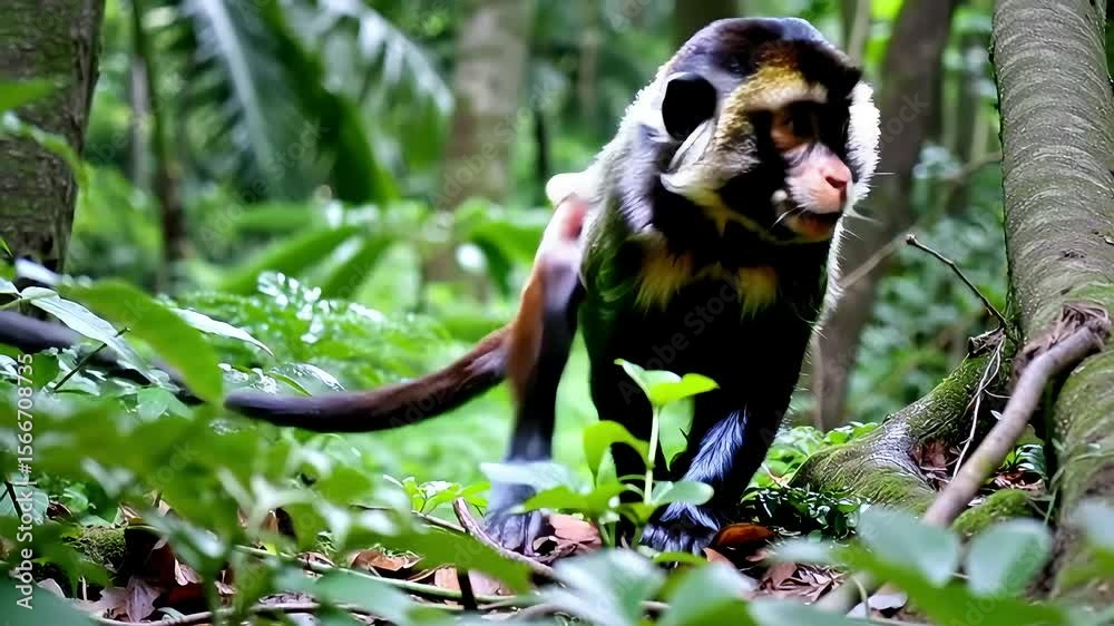 A small, cute squirrel monkey with green fur looks from a tropical branch in the Costa Rican jungle High Regulation animal video footage 