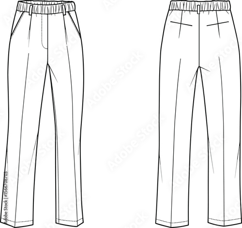 Women's straight leg casual pants with elastic waistband and pockets, front and back flat sketch, CAD fashion vector illustration
