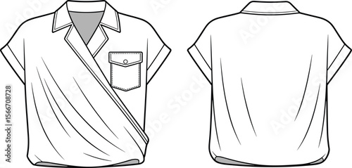 Fashion flat sketch, women's wrap blouse design, short sleeve shirt, stylish collar top, pocket detail, back view, vector template, garment illustration, fashion drawing