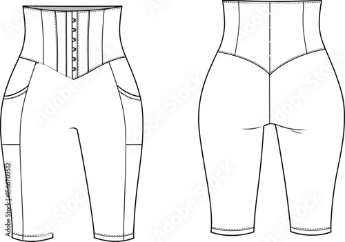 PrintHigh waist shapewear capri, compression fit, front hook closure, contour design, seamless legging style, fashion sketch, slimming bodywear illustrationHigh waist shapewear capri, compression 