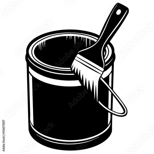 A silhouette  of a paint brush and can on white background