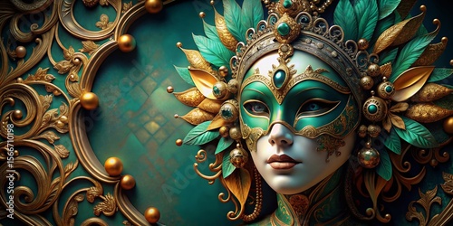 Luxurious Venetian Mask with Gold & Teal Embellishments - Stock Photo