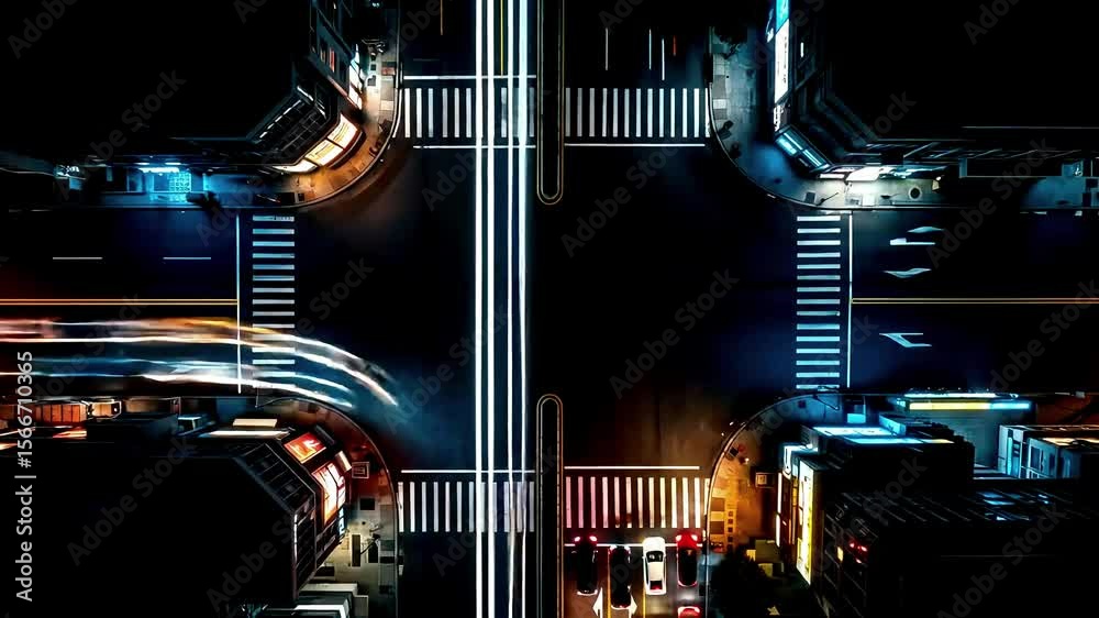 Aerial View of Busy City Intersection with Light Trails at Night