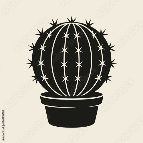Handdrawn Detailed Round Cactus in Pot Desert Plant Illustration
