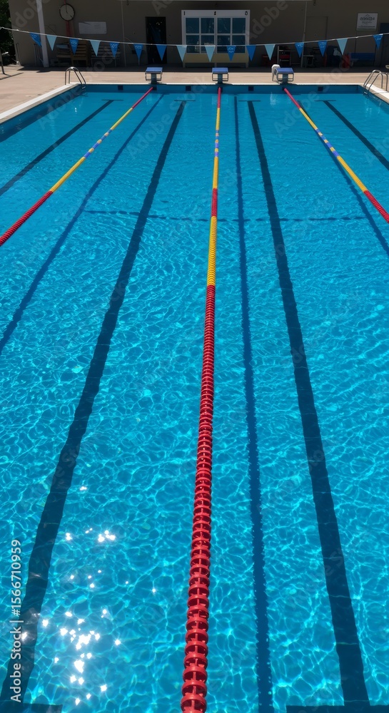 Obraz premium Empty lanes in a swimming pool on a sunny day with clear blue water and vivid lane ropes, representing sports competition and healthy lifestyle.