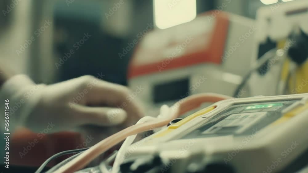 Gloved hand operates medical device with buttons and screen; wires are connected