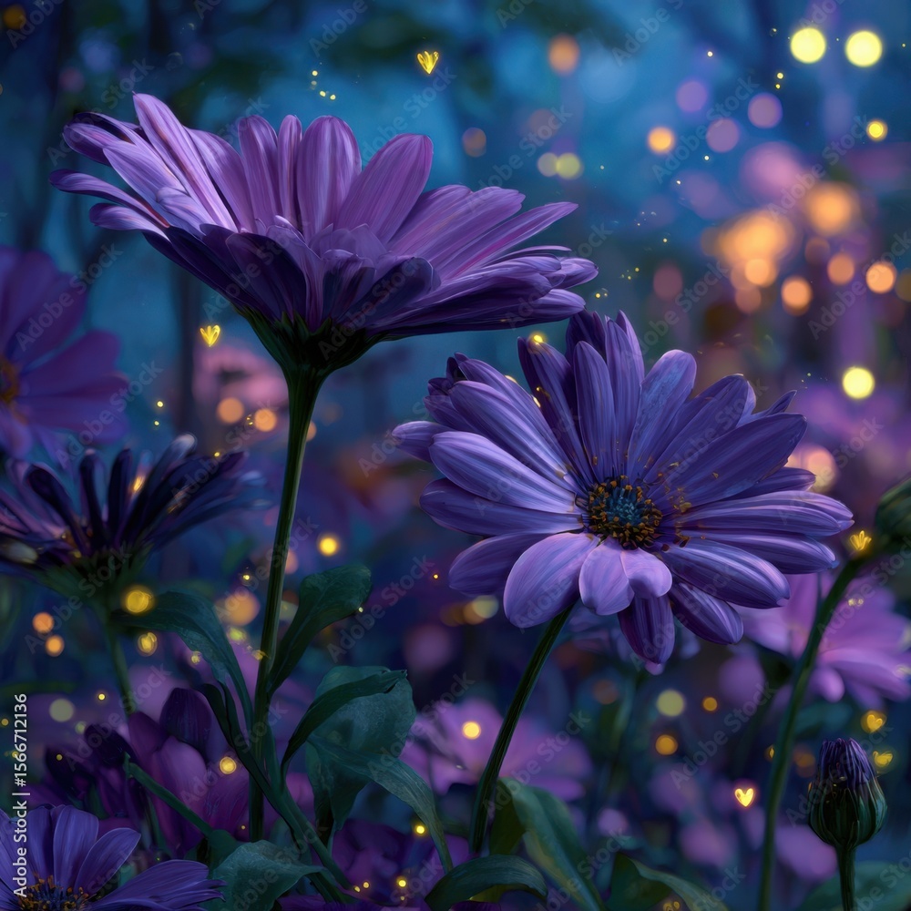 Obraz premium Enchanting purple flowers glow softly under a night sky, illuminated by magical fireflies creating a dreamy, whimsical scene.