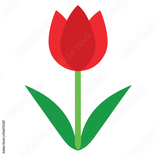 Vibrant red tulip with lush green leaves a clean and modern flat vector illustration perfect for spring and floral designs