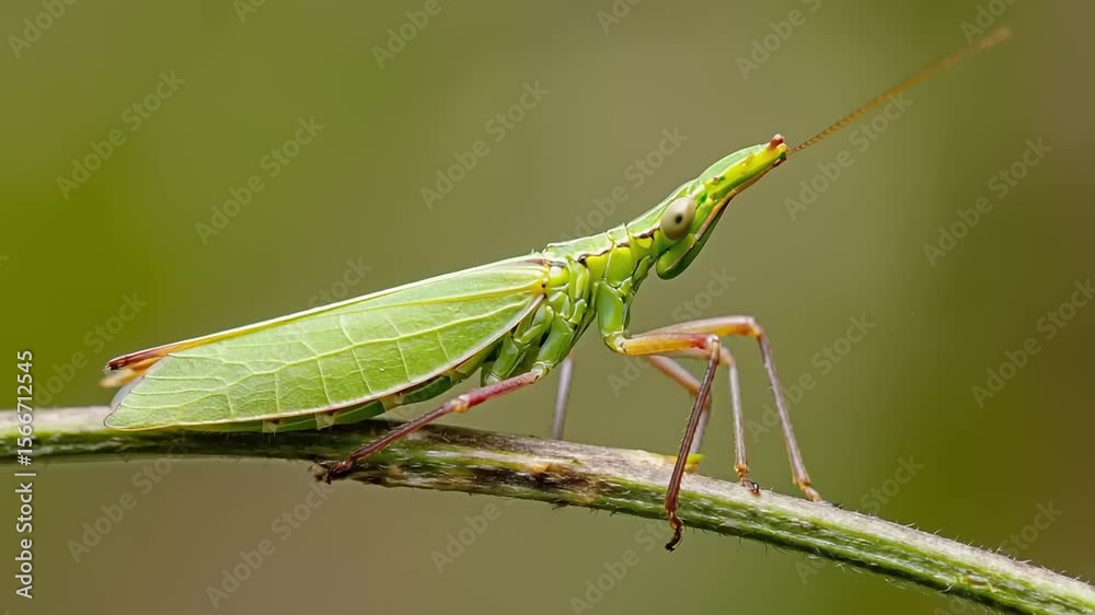 Lime green grasshopper perched on stem, green background, side view
