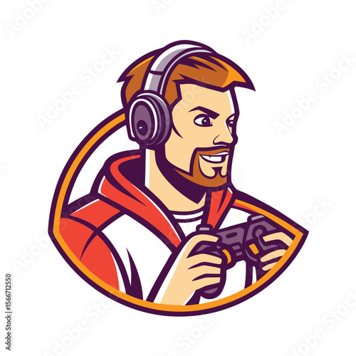 Smiling gamer with headphones and controller