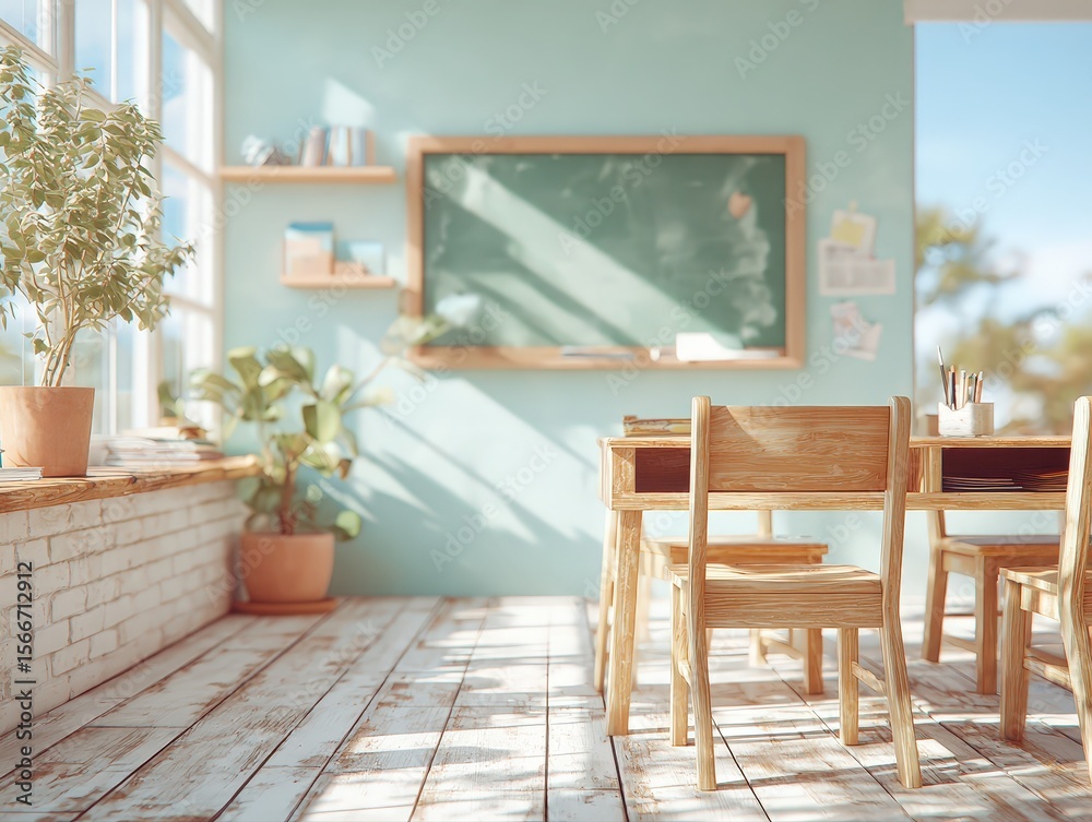 Fototapeta premium Bright and Airy Classroom Interior Design. Wooden desks, chairs, plants, and a chalkboard create a serene learning environment. Perfect for education and study.