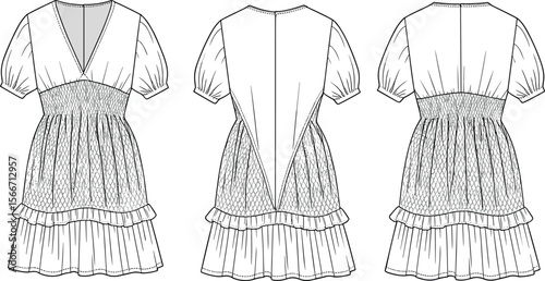 Girls smocked dress, short sleeve dress, V-neck kids frock, children fashion flat sketch, ruffle hem dress, vector template, back and front views