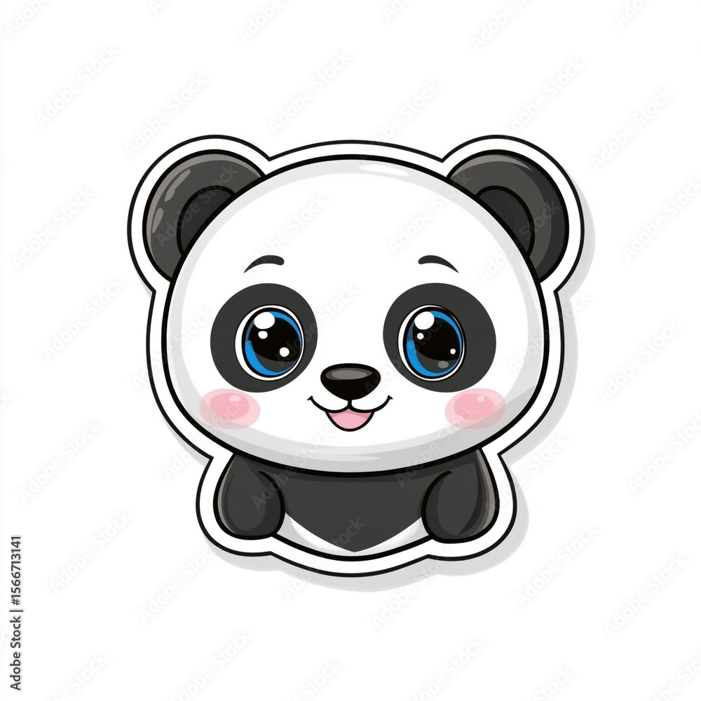 Naklejka premium A very cute, smiling cartoon panda with big blue eyes and rosy cheeks, looking directly at the viewer.