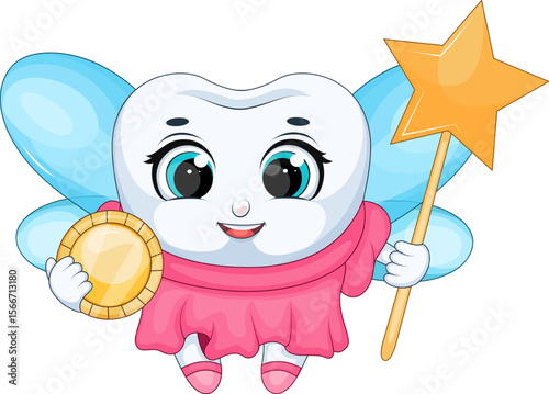 Tooth fairy with magic wand and coin. Vector illustration