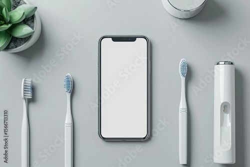Premium Quality Picture of Top View Mobile and Toothbrushes