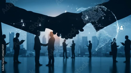 Global Business Partnership - Silhouetted businesspeople shake hands in front of a cityscape, overlaid with a digital globe illustrating global networking and interconnectedness.