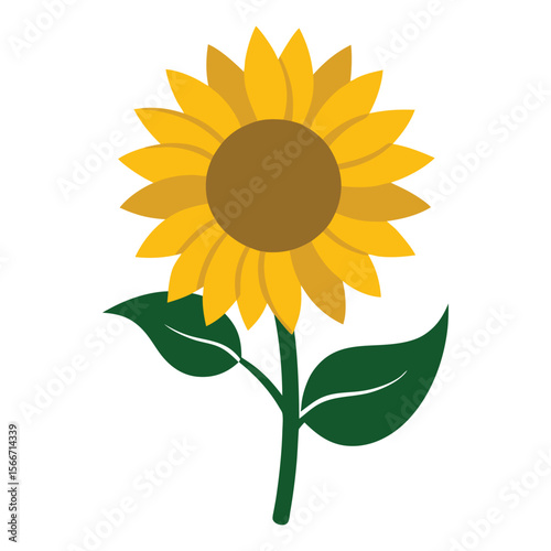 A detailed illustration of a sunflower in profile showcasing its vibrant petals and a prominent green leaf