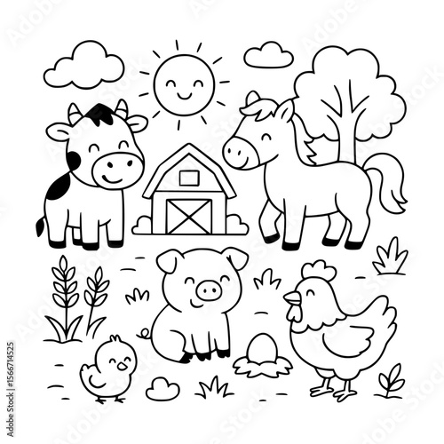 Cute Farm Animals Coloring Page for Kids - Black and White Line Art Illustration
