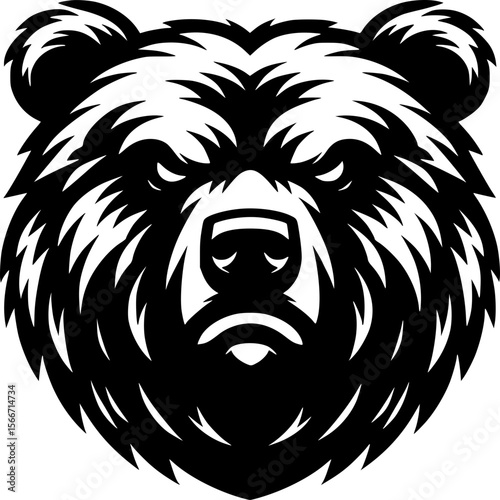Bear Head - Powerful Black and White Illustration: A strong bear's head gazes with intensity in this illustration, exuding a powerful energy in a modern, black and white design.