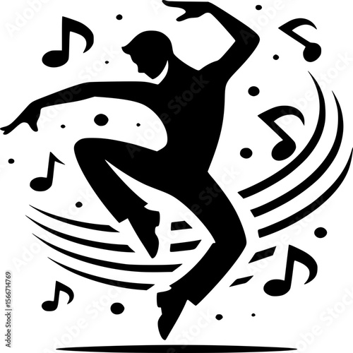 Rhythmic Silhouette: A dynamic silhouette captures a dancer's graceful motion, harmonizing with musical notes in a visual symphony of energy and rhythm.