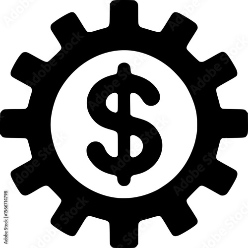 The gears of wealth: a monochrome emblem symbolizing finance and economic activity, the design features a cogwheel centered by a currency symbol, indicative of industry and profit.
