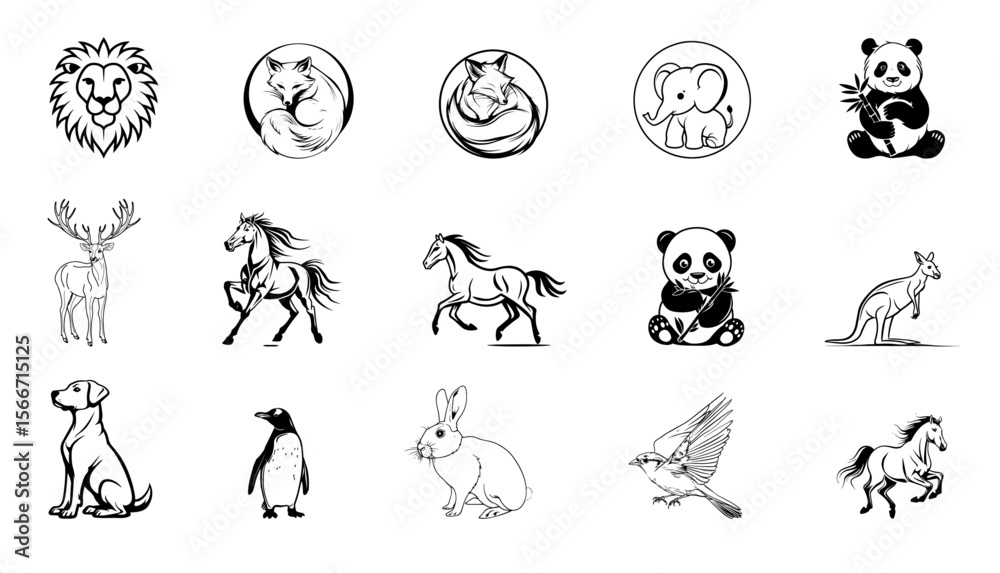 Naklejka premium Animal Vector Icon Set – Line Icons of Wild, Farm, Sea, and Pet Animals Including Mammals, Birds, Fish, Insects, and Reptiles in a Modern Minimalist Style