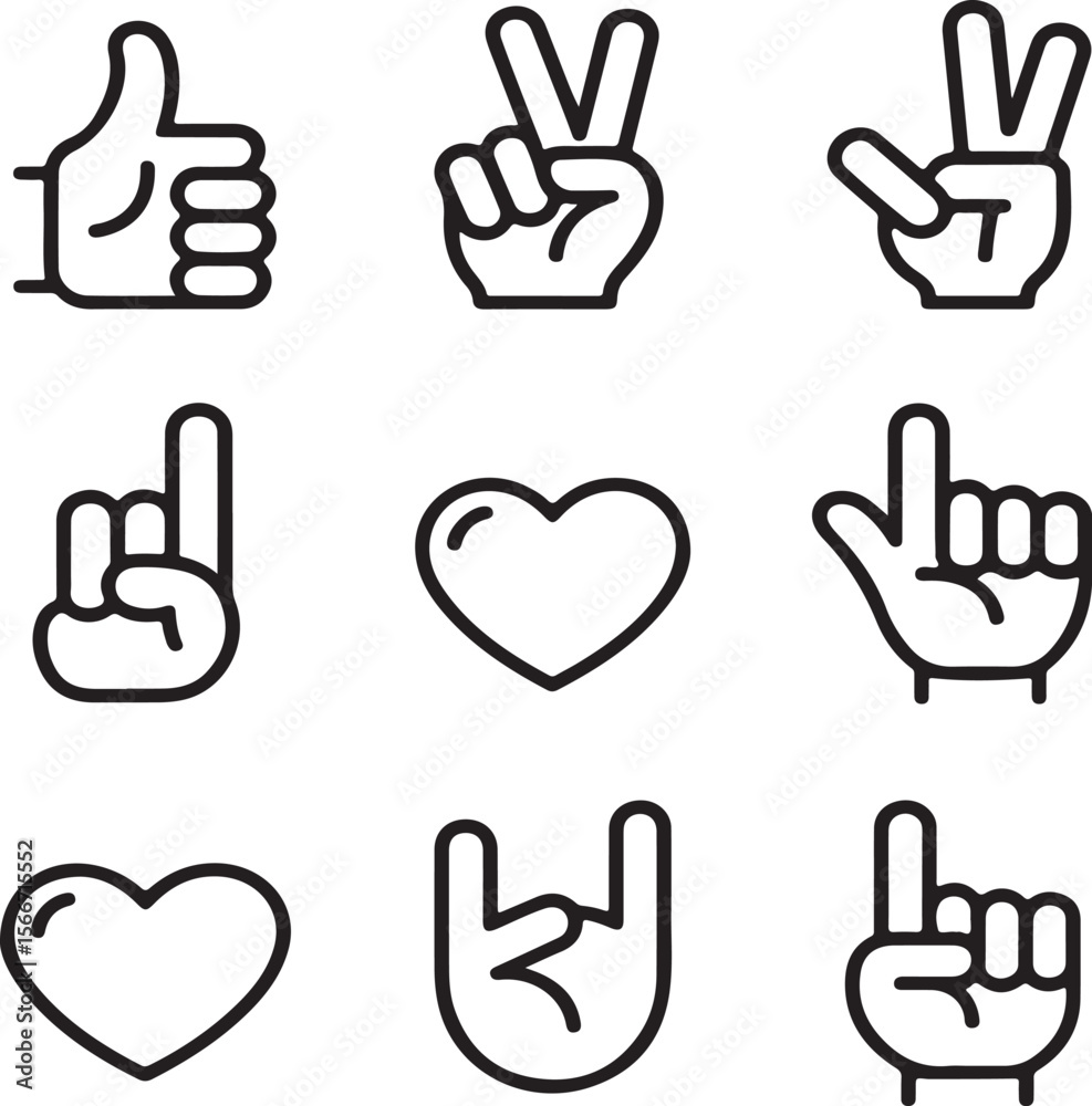 Obraz premium Collection of various hand gesture icons in black and white design