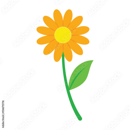 Vibrant yellow daisy with a bright orange center and a long flowing green stem perfect for floral designs