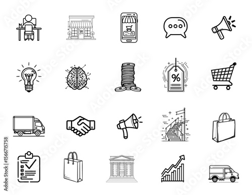 Marketing and E-Commerce Vector Icon Set – Line Icons Featuring Online Shopping, SEO, Social Media, Ads, Sales Funnel, Digital Campaigns, and Analytics Tools