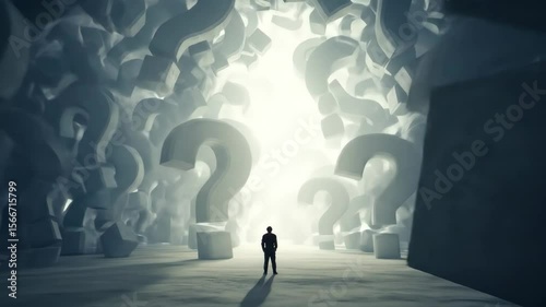 Man Facing Uncertain Future Amidst Giant Question Marks - A lone figure stands in a vast, surreal landscape filled with enormous question marks, symbolizing uncertainty and the weight of many