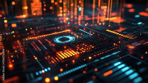 Futuristic digital interface with glowing lines and data streams.