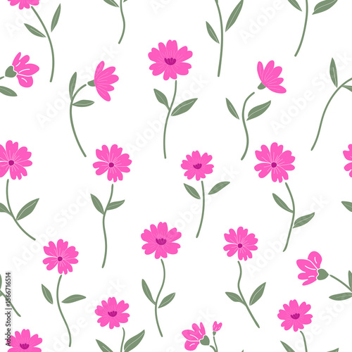 Wallpaper Mural Seamless vector floral pattern with pink flowers and delicate green stems over soft white background for feminine design, fabric and digital decor. Torontodigital.ca