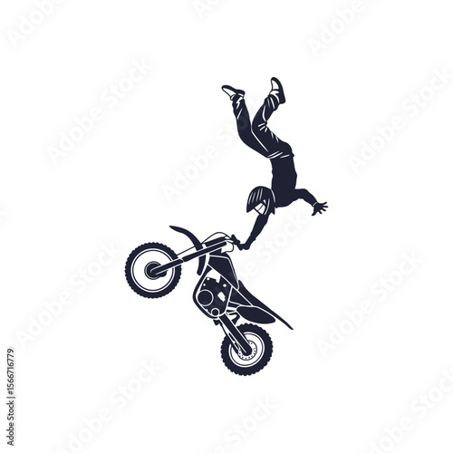 Freestyle motocross rider silhouette performing a trick. FMX extreme sports vector illustration. Biker doing an acrobatic stunt on a dirt bike