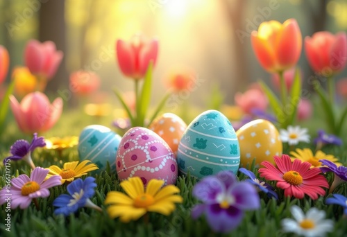 vibrant easter eggs nestled among colorful flowers lush garden setting, rainbow, lgbtq, lgbt, pride, love, equality, plant, spring, festive, ornament, grass