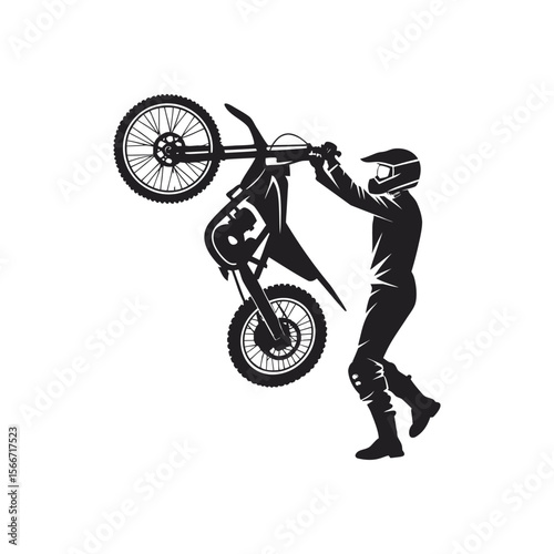 Silhouette of a motocross rider performing a wheelie stunt. Extreme FMX sport vector illustration. Biker holding a dirt bike vertically isolated on white